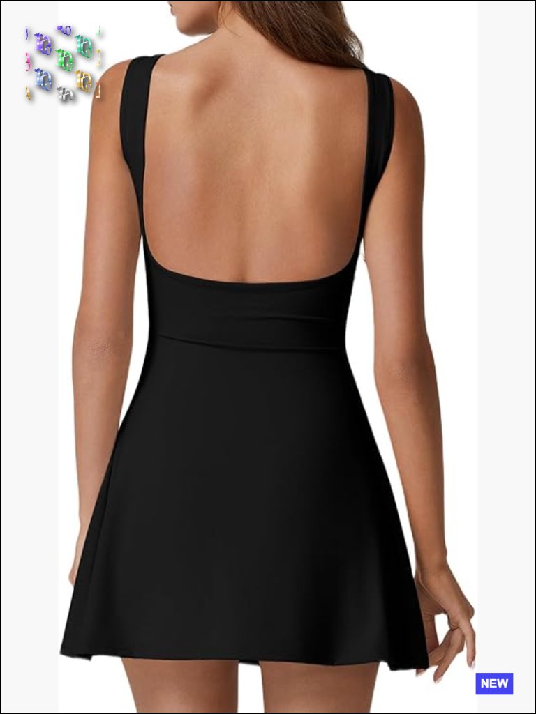 Open Back Tennis Dress Sleeveless Built-In Shorts Golf Athletic Dress With